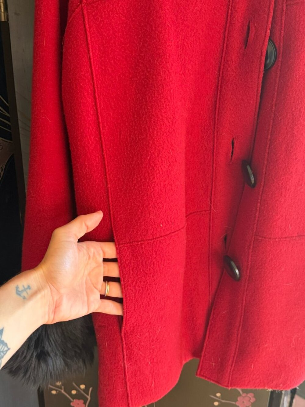 Vintage Jones NY Red + Black Fur Collar Coat Wool Small - Picture 4 of 7